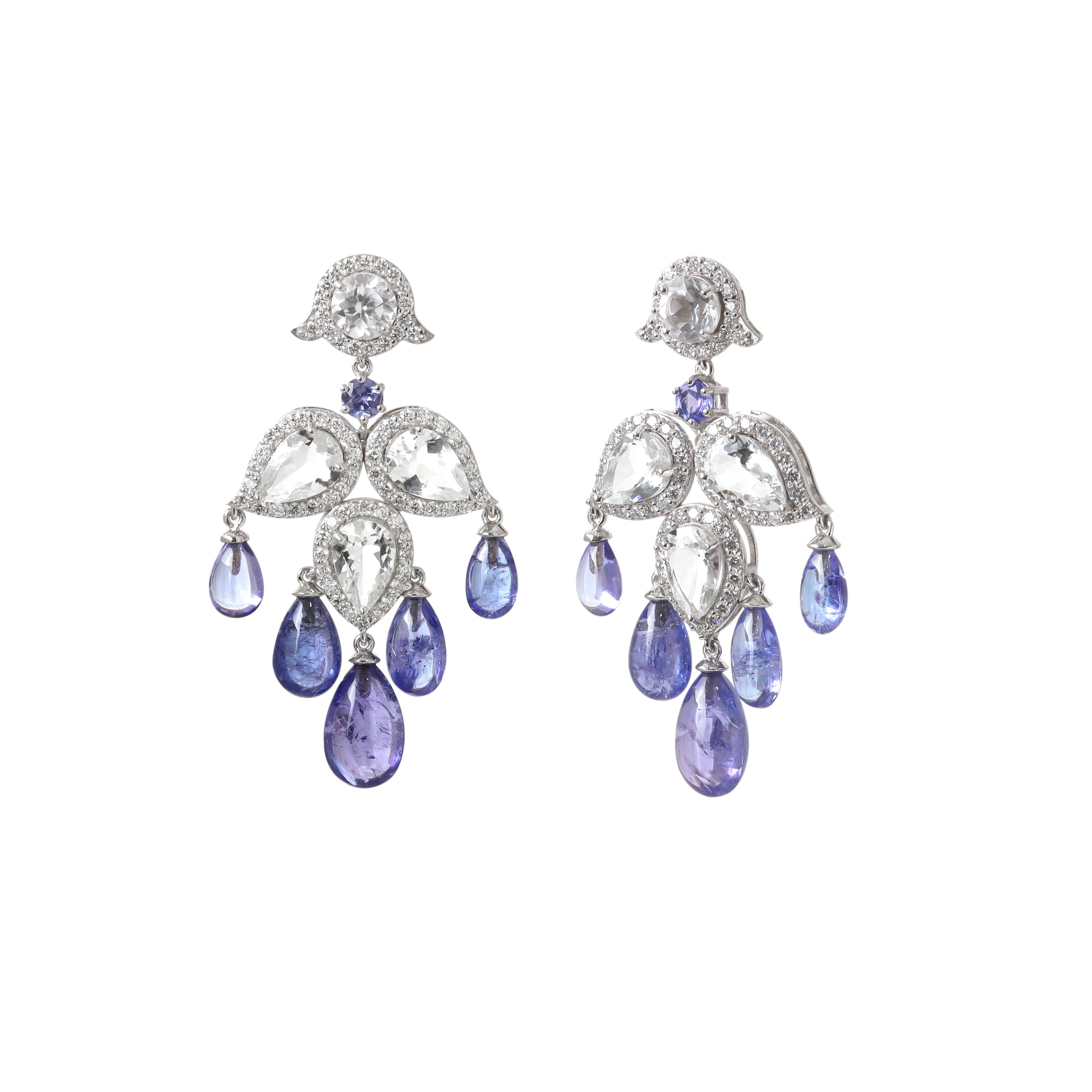 Natural White Aquamarine and Tanzanite 18K gold earrings close-up detail - NFJSD-1970