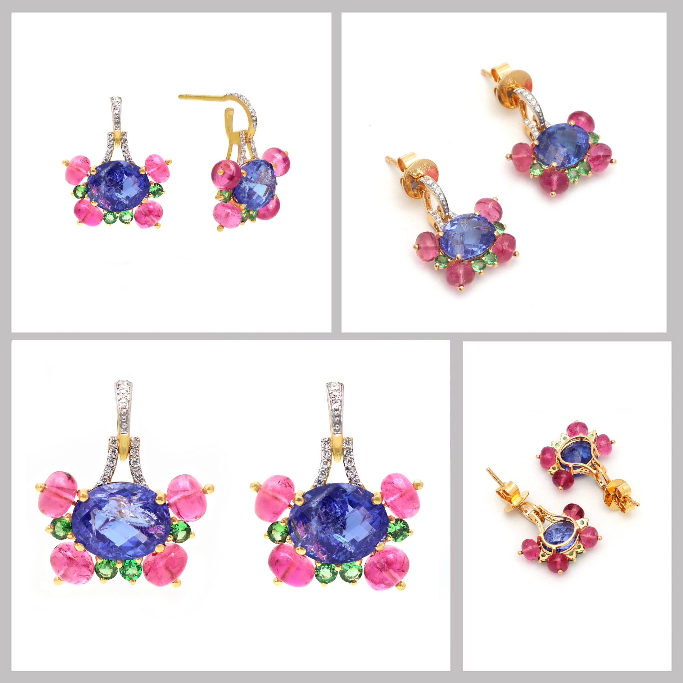 Natural Tourmaline and Tanzanite 18K gold earrings top view - NFJSD-1797