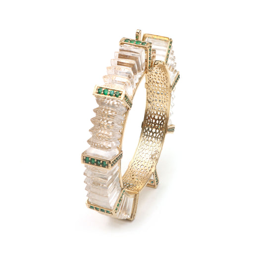 Natural Emerald Round Cuts and Crystal Quartz Fancy Carving 14K gold bangle front view - NFJSD-1060