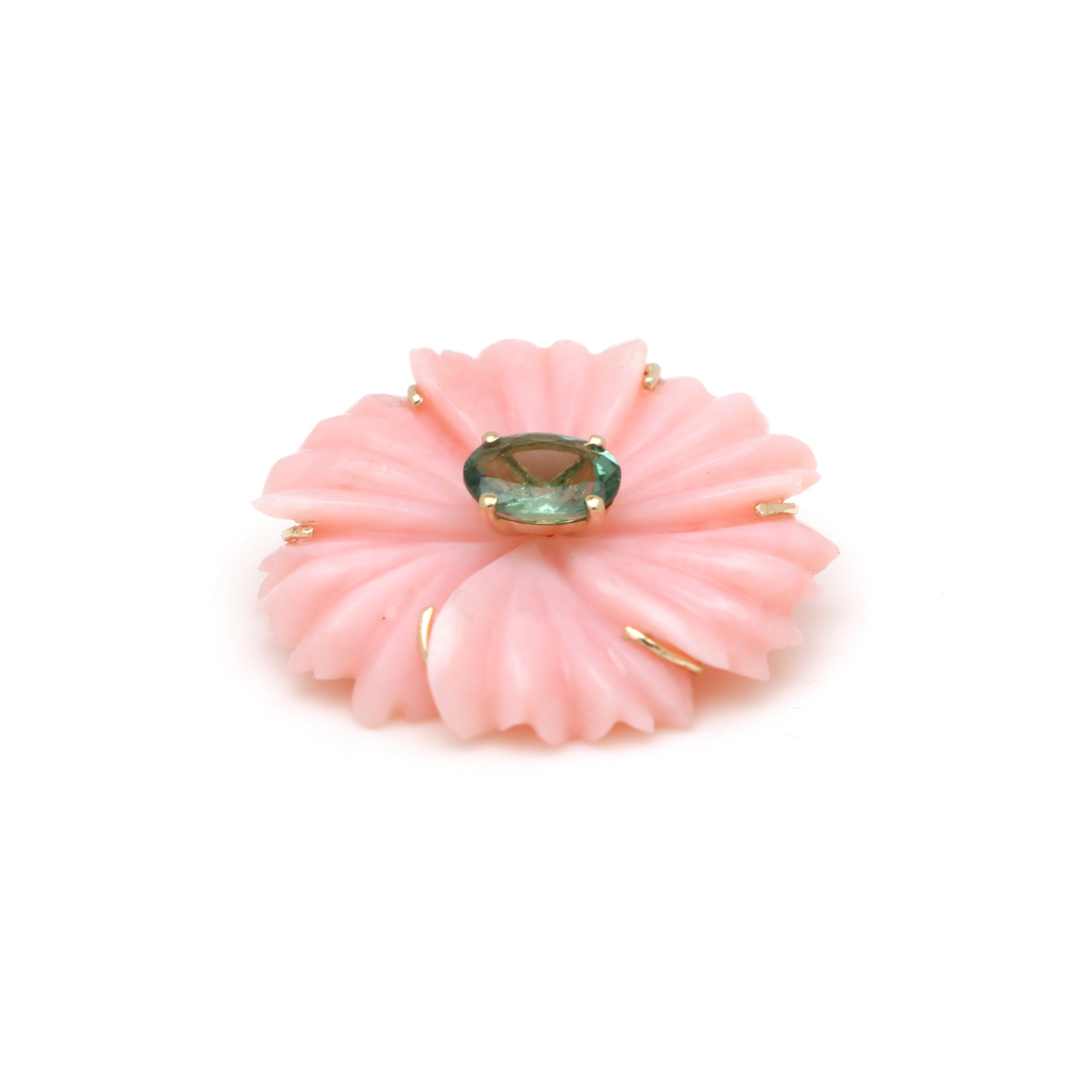 Natural Pink Opal and Tourmaline 14K gold pendant close-up detail - NFJSD-1624