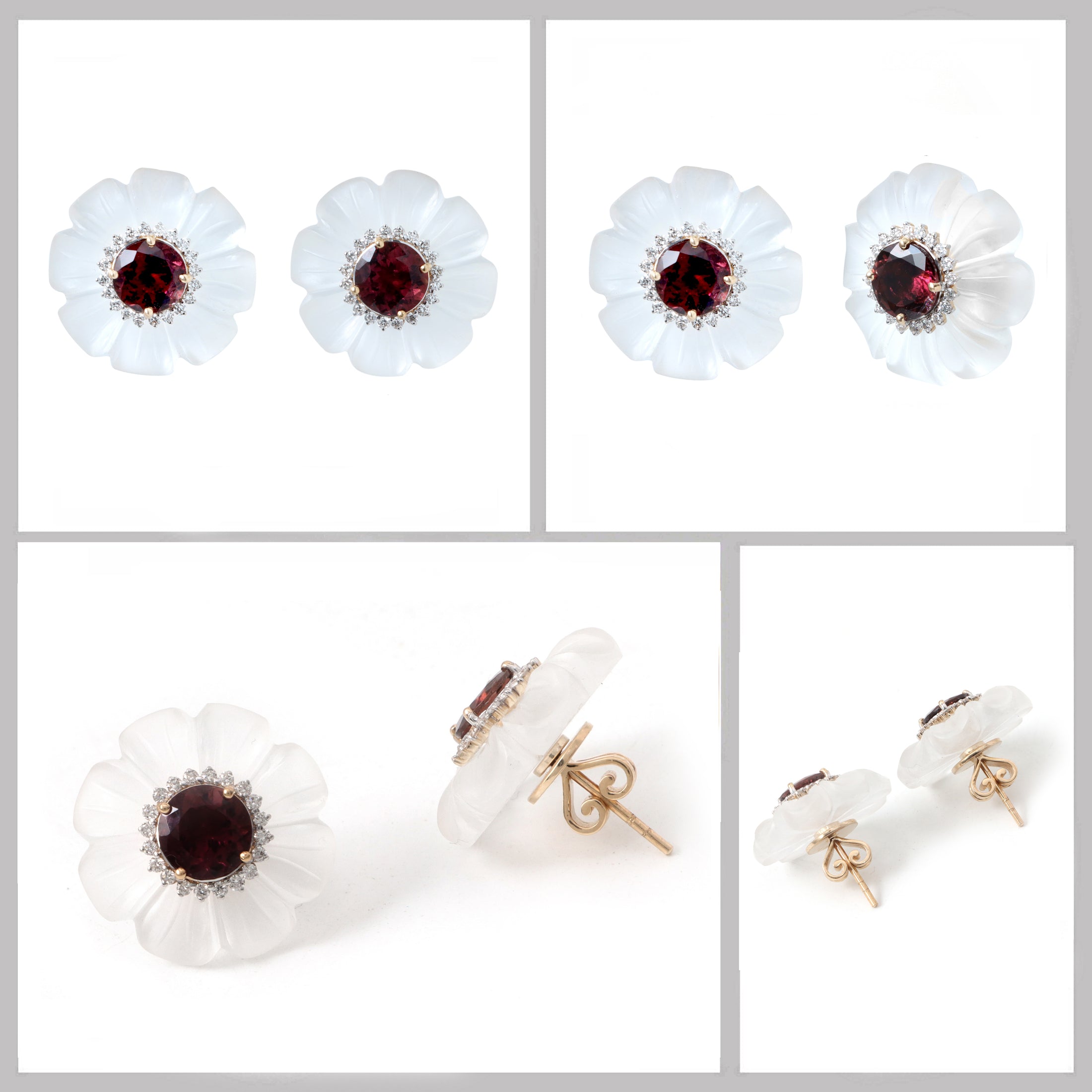 Natural Crystal Flower and Tourmaline 18K gold earrings side angle - NFJSD-1850