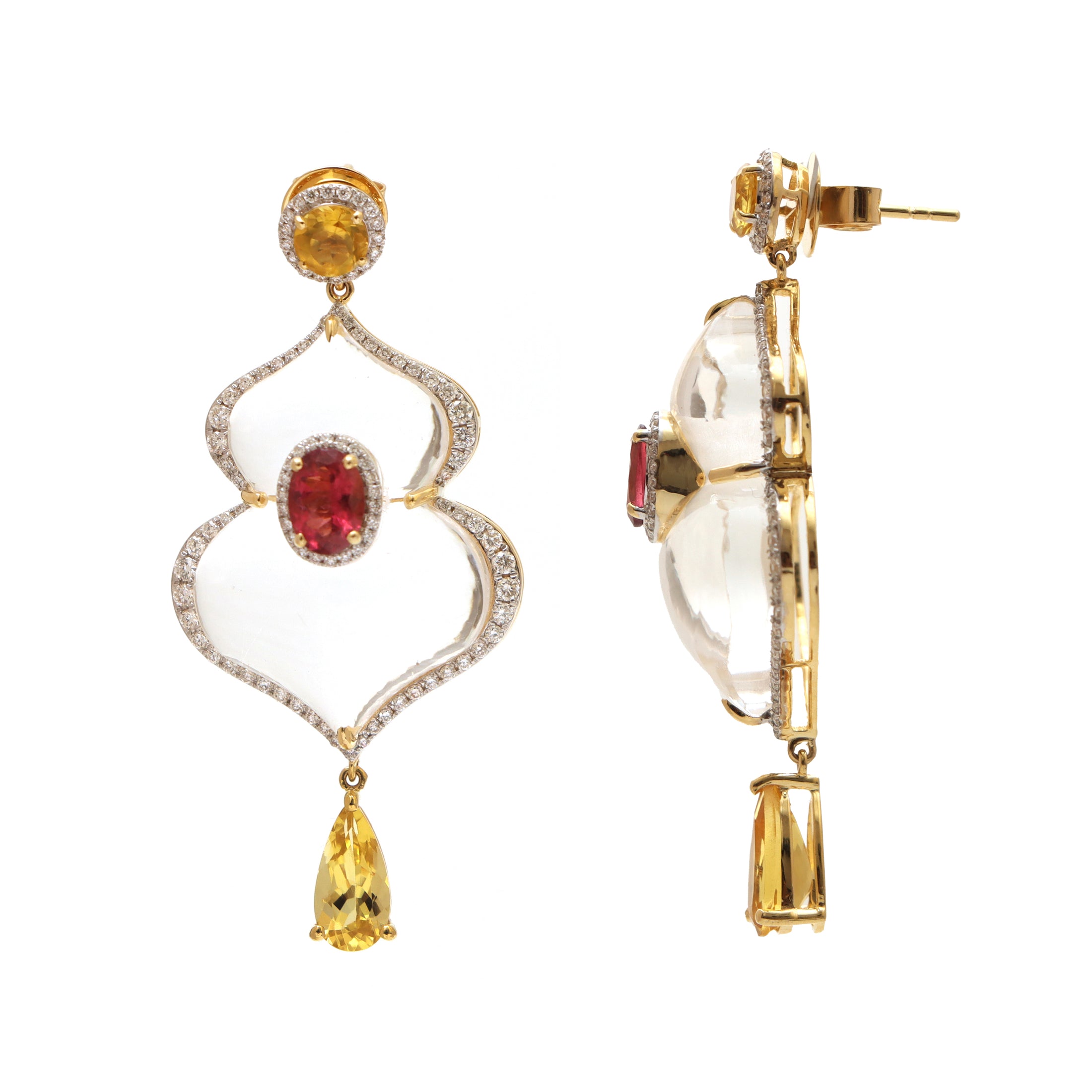 Natural Aquamarine and Crystal Carving 14K gold earrings close-up detail - NFJSD-1469