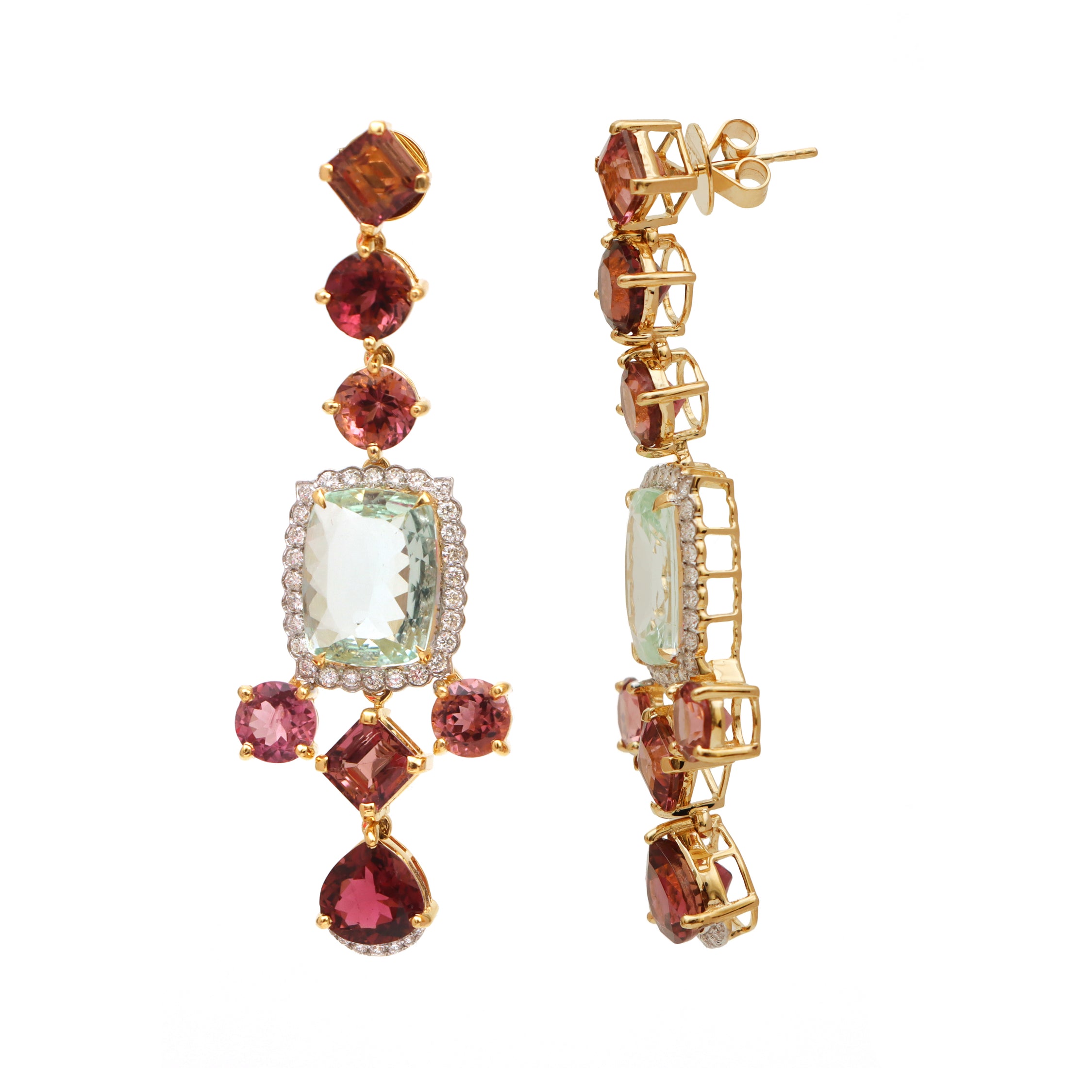 Natural Aquamarine and Tourmaline 18K gold earrings top view - NFJSD-1462