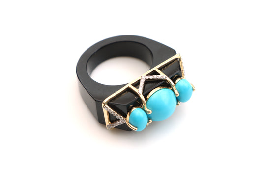Natural Turquoise Round Cab and Black Onyx 14K gold ring front view - NFJSD-1067