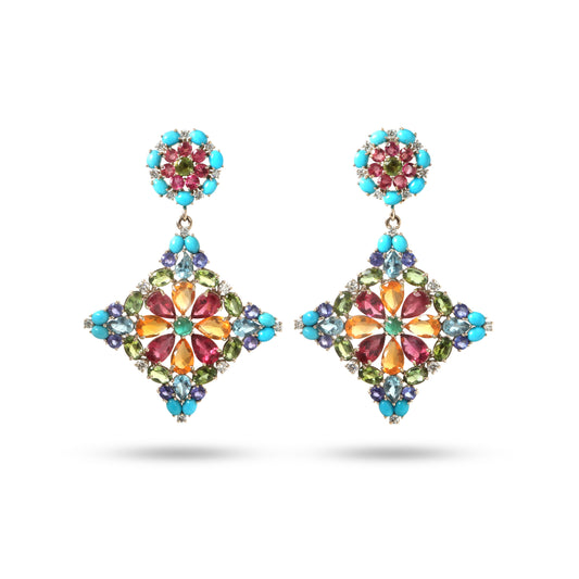 Natural Mix Tourmaline and Turquoise & Tanzanite 18K gold earrings front view - NFJSD-1921