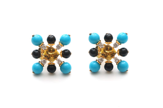 Natural Yellow Aqua Square Cut and Turquoise Smooth Balls 14K gold earrings front view - NFJSD-1108