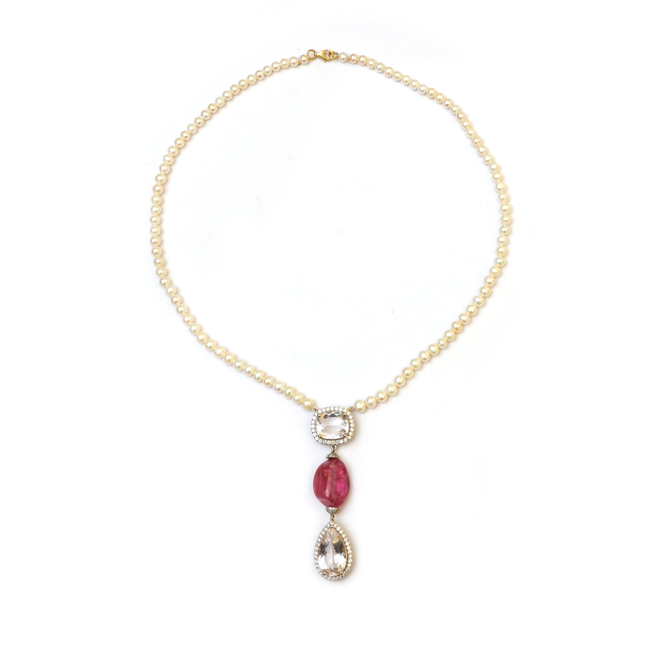 Natural White Aquamarine and Tourmaline 18K gold necklace close-up detail - NFJSD-1935