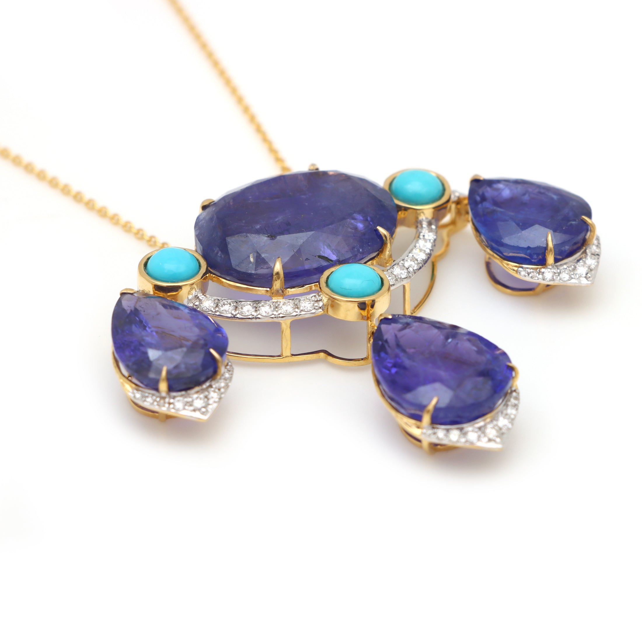 Natural Turquoise and Tanzanite 18K gold necklace side angle - NFJSD-1751