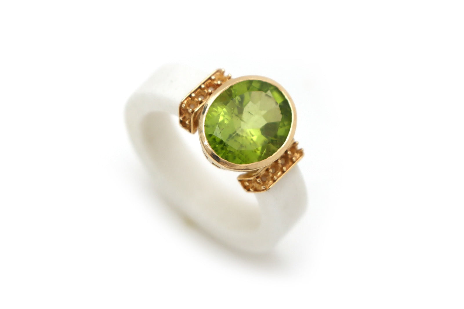 Natural White Agate and Perido 14K gold ring front view - NFJSD-1669