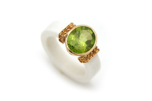 Natural White Agate and Perido 14K gold ring front view - NFJSD-1669