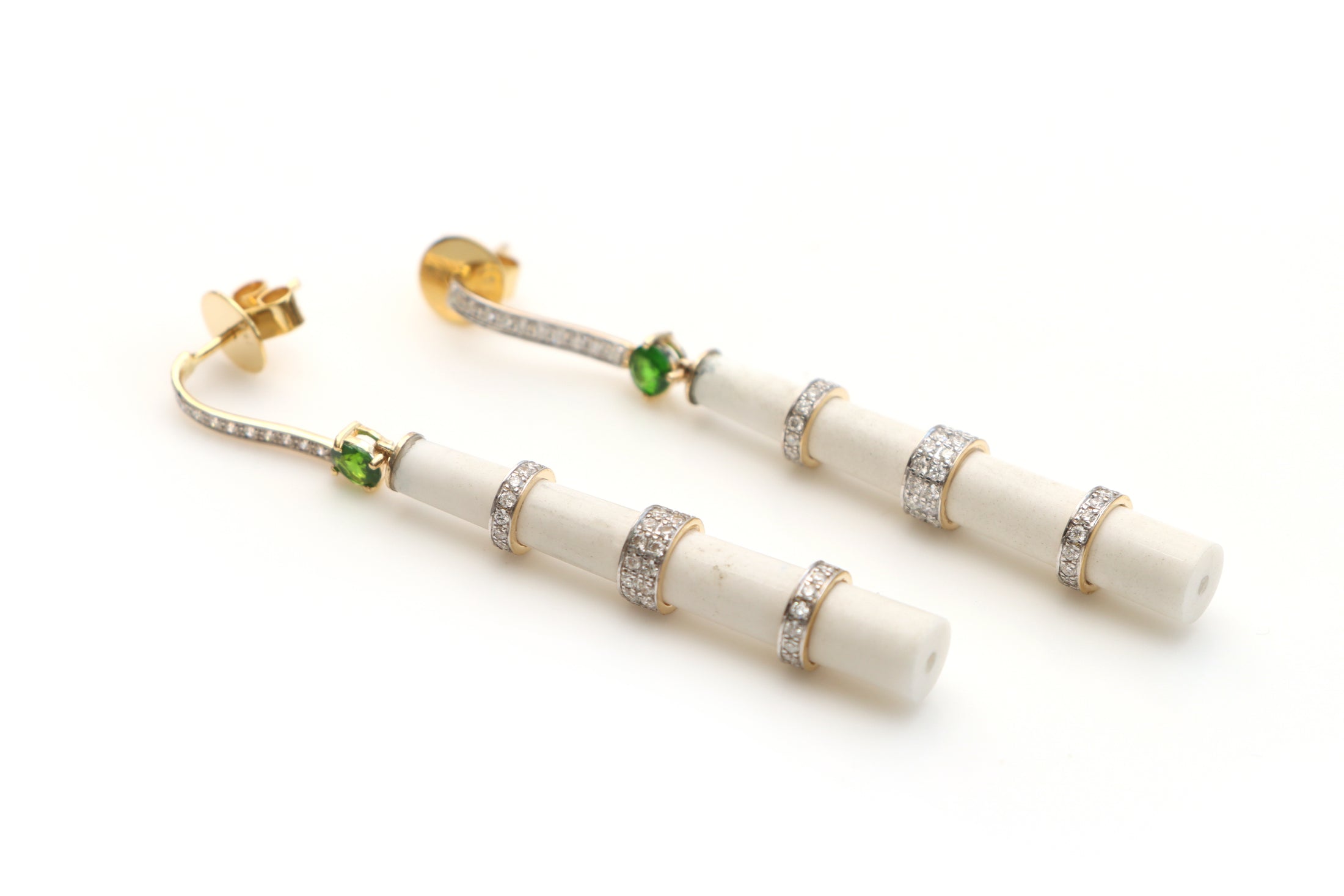 Natural Tourmaline Round Cut and White Agate Smooth Tube 14K gold earrings front view - NFJSD-1095