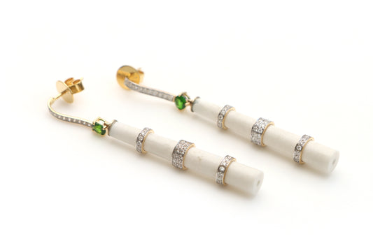 Natural Tourmaline Round Cut and White Agate Smooth Tube 14K gold earrings front view - NFJSD-1095