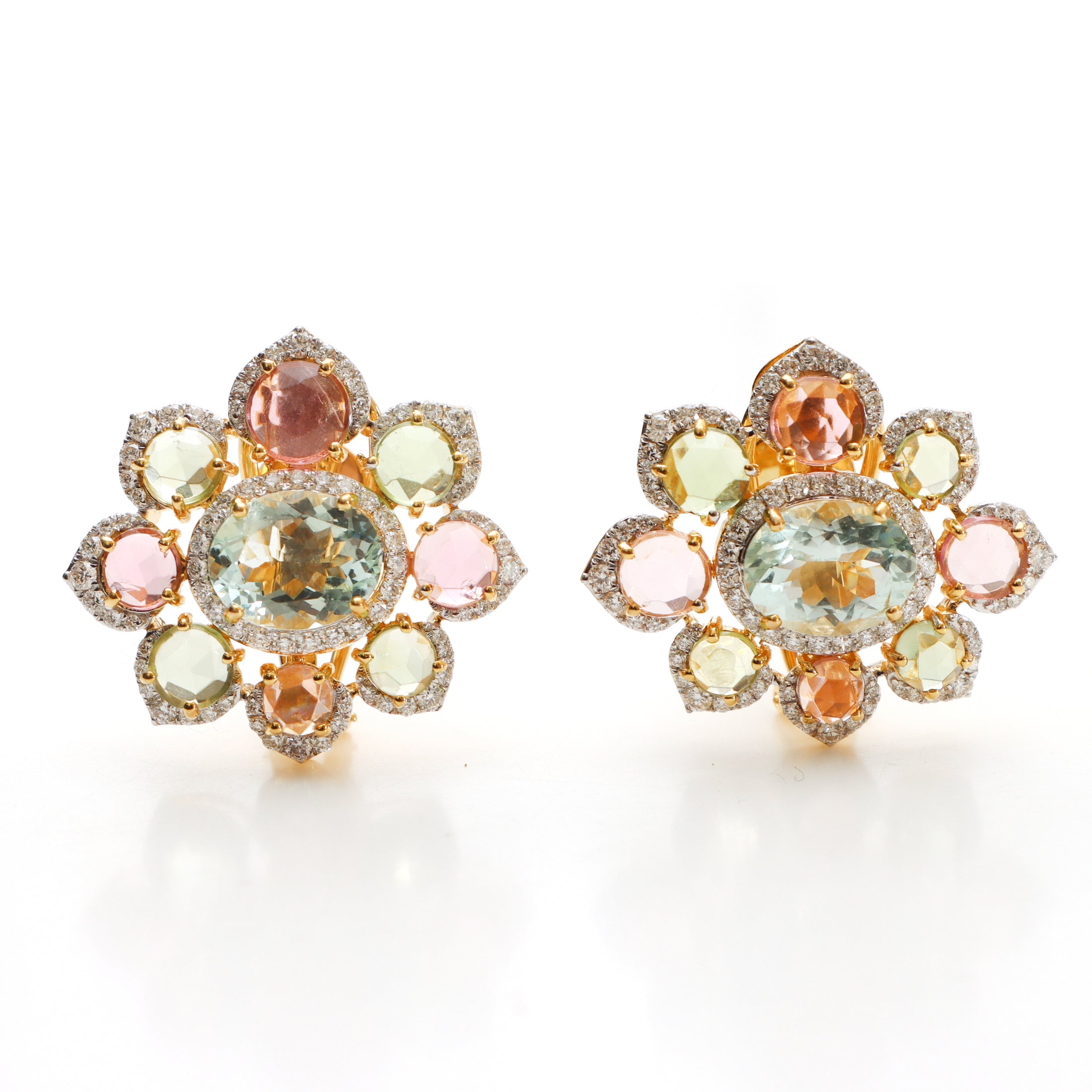 Natural Aquamarine and Tourmaline 18K gold earrings side angle - NFJSD-1470