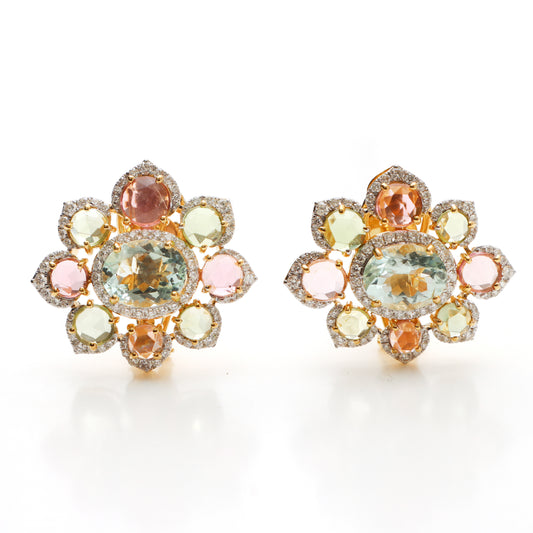 Natural Aquamarine and Tourmaline 18K gold earrings side angle - NFJSD-1470