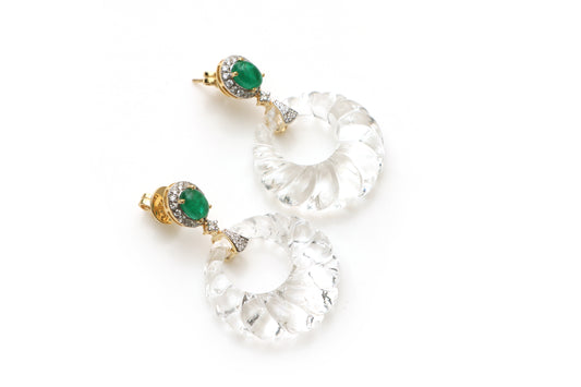 Natural Emerald Oval Cabs and Crystal Carving Twisted 14K gold earrings front view - NFJSD-1191