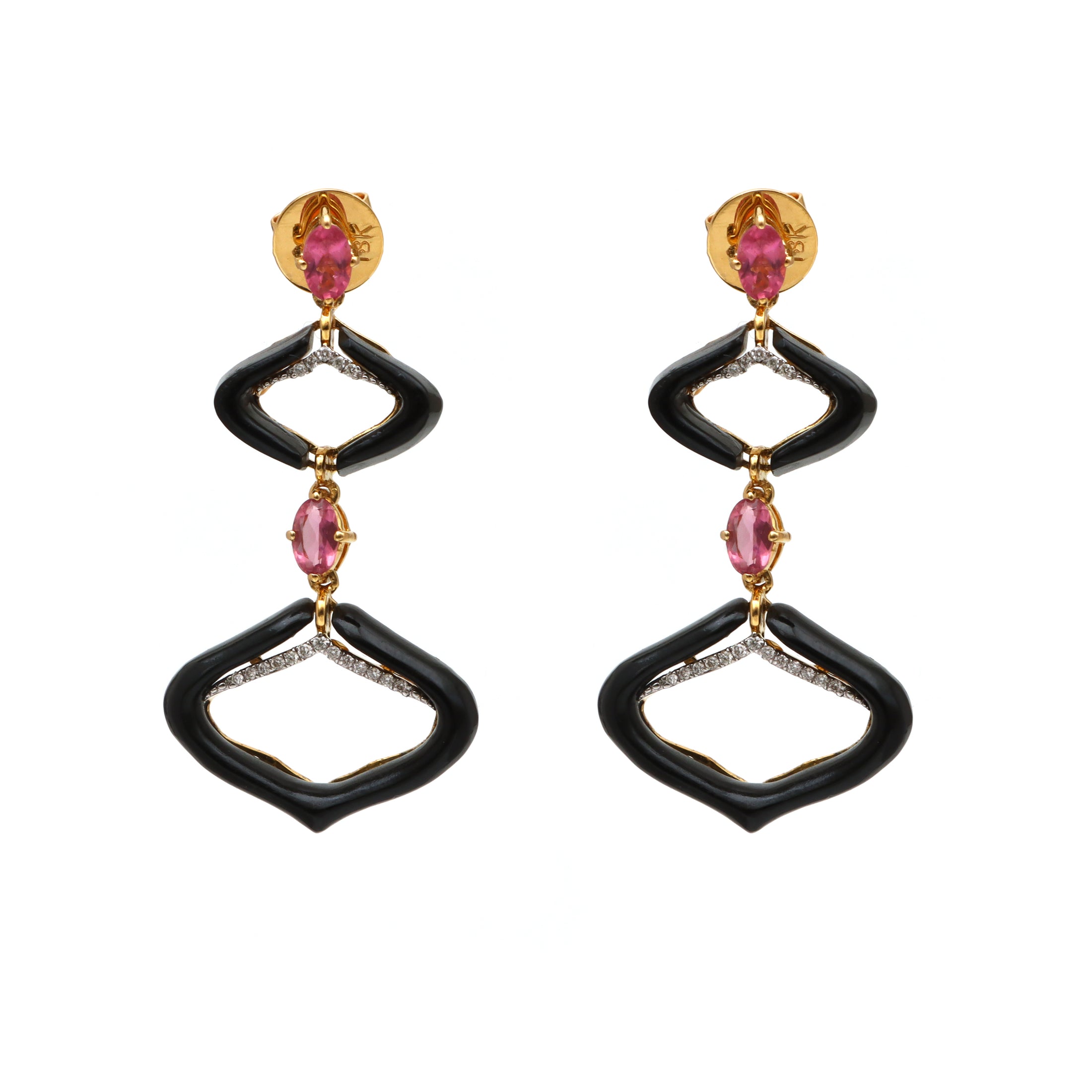 Natural Black Onyx and Tourmaline 18K gold earrings back view - NFJSD-1720