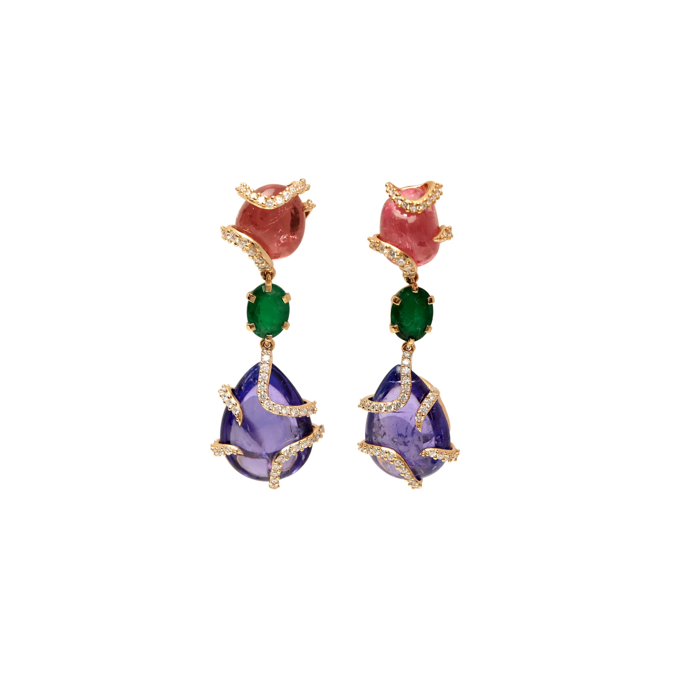Natural Tanzanite and Tourmaline 18K gold earrings front view - NFJSD-1979