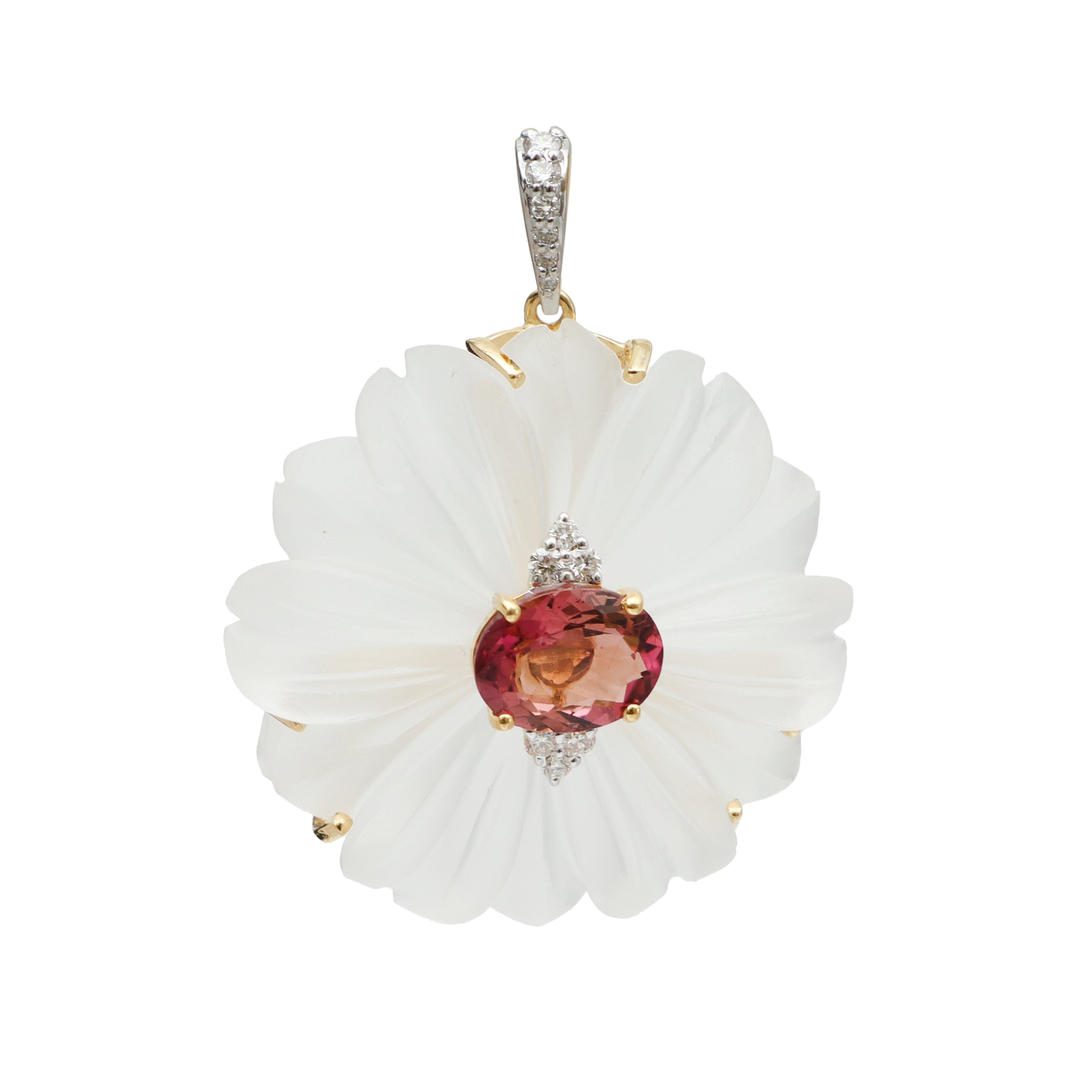 Natural Crystal Carving and Tourmaline 18K gold pendant front view - NFJSD-1713