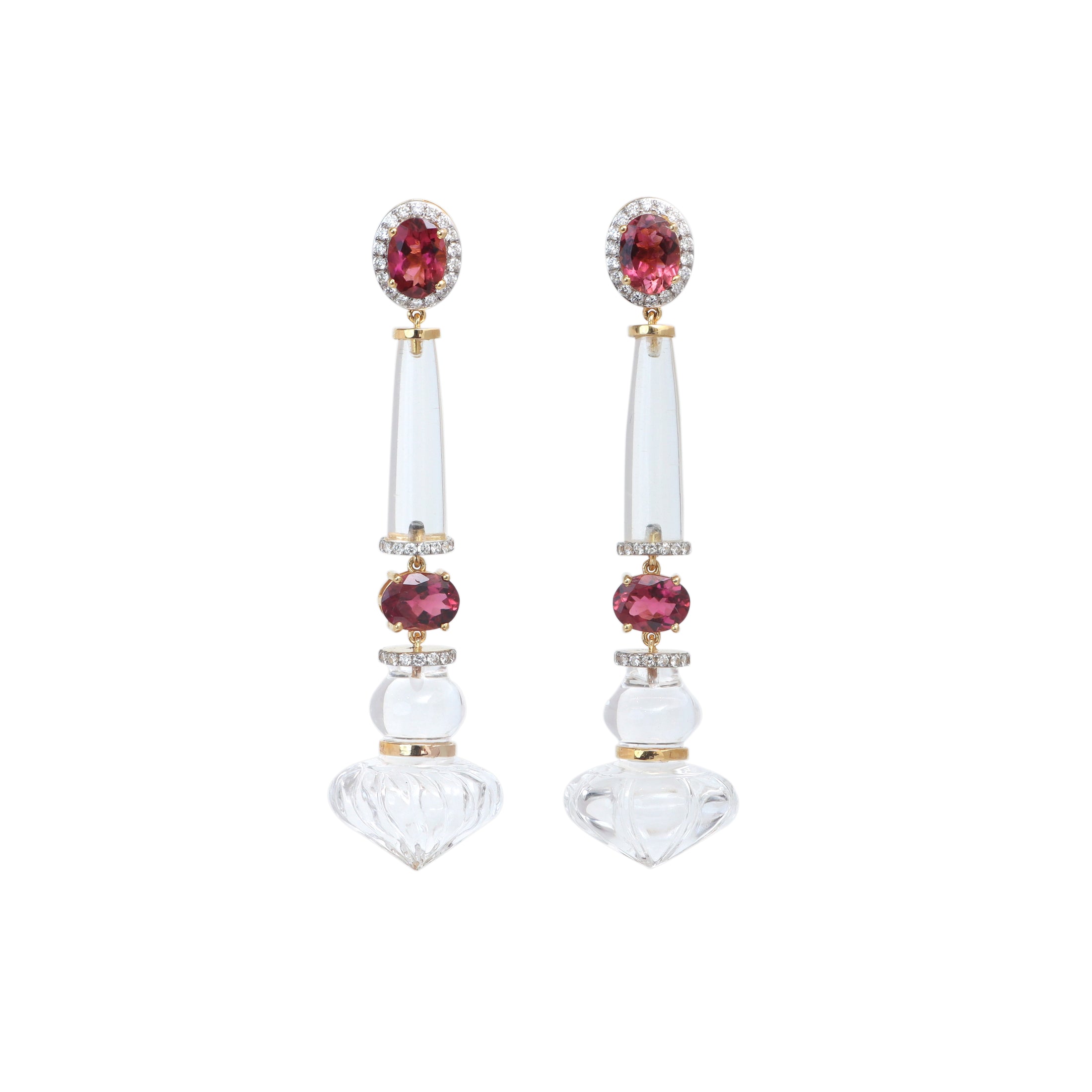 Natural Crystal and Tourmaline 14K gold earrings front view - NFJSD-1829