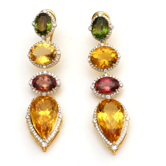 Natural Mix Tourmaline and Yellow Aqua 18K gold earrings front view - NFJSD-1615