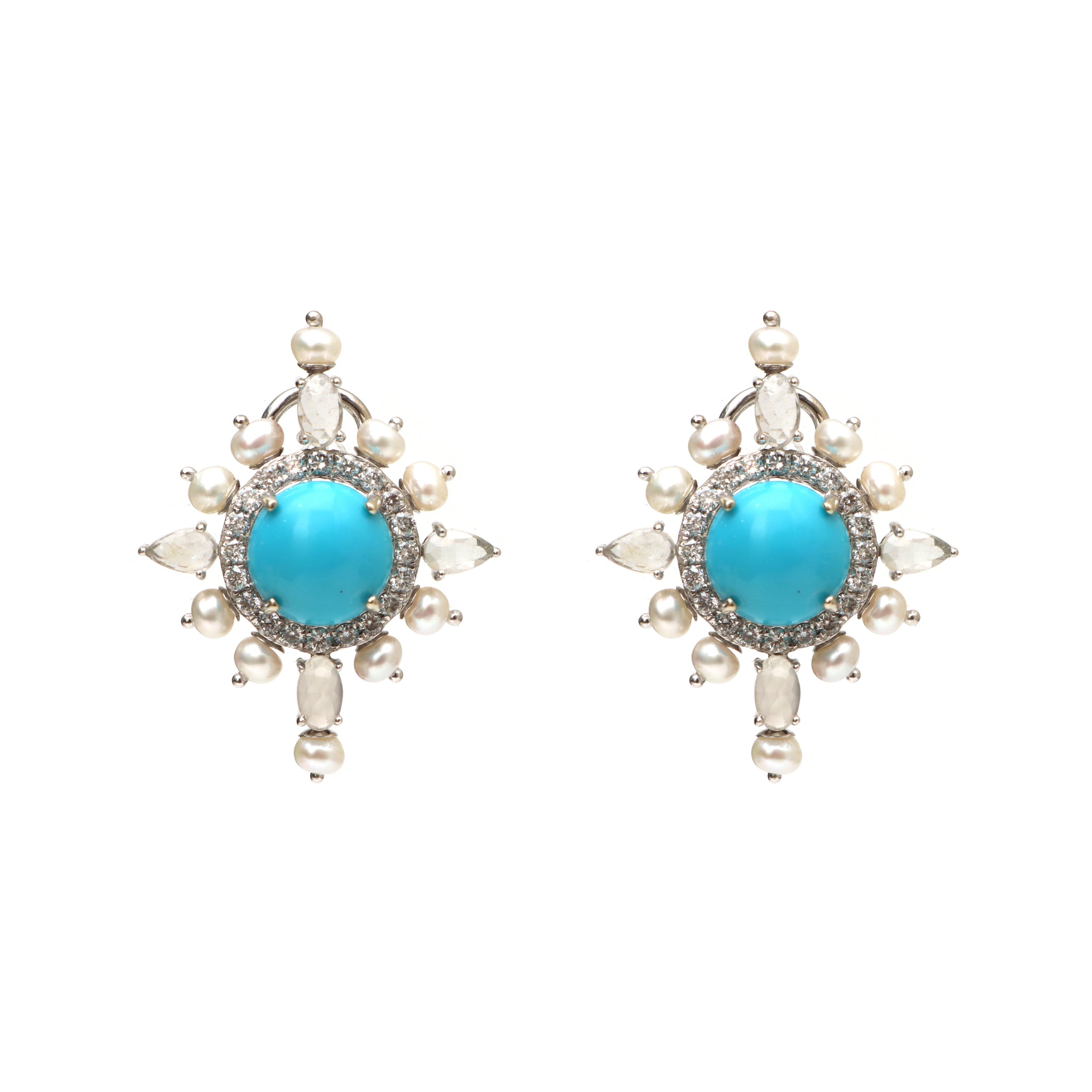 Natural Pearl Smooth Balls and Turquoise Round Cab 14K gold earrings front view - NFJSD-1280