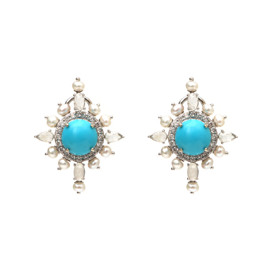 Natural Pearl Smooth Balls and Turquoise Round Cab 14K gold earrings front view - NFJSD-1280
