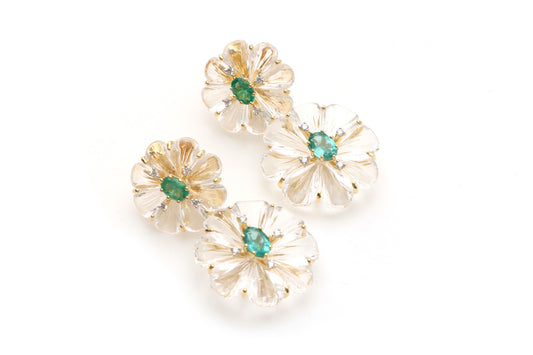 Natural Emerald Oval Cut and Crystal Carving Flower 14K gold earrings front view - NFJSD-1186