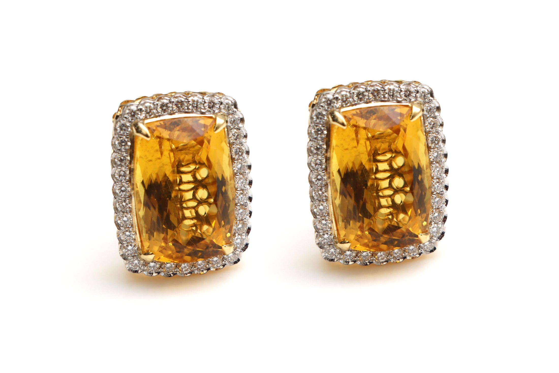 Natural Yellow Aquamarine Rectangle Cut 14K gold earrings front view - NFJSD-1275
