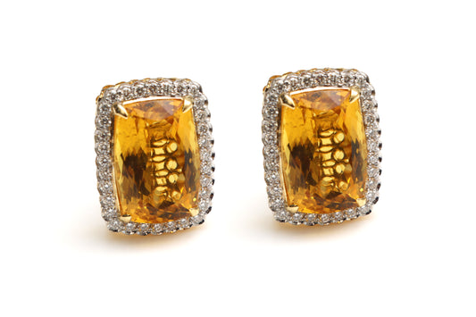 Natural Yellow Aquamarine Rectangle Cut 14K gold earrings front view - NFJSD-1275