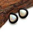 Load image into Gallery viewer, Natural Black Onyx Frame Pear and Ethiopian Opal Pear Cabs 14K gold earrings close-up detail - NFJSD-1308
