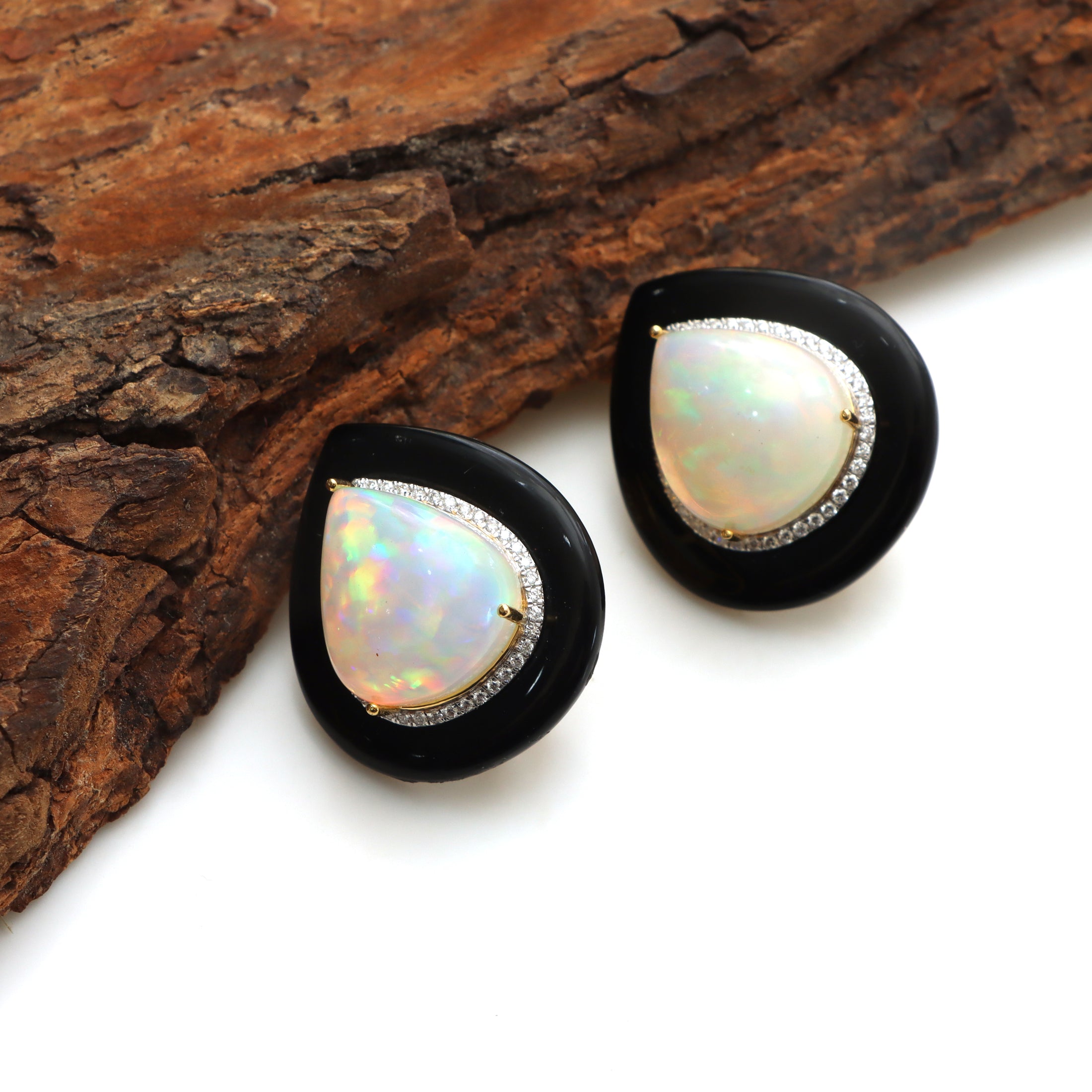 Natural Black Onyx Frame Pear and Ethiopian Opal Pear Cabs 14K gold earrings close-up detail - NFJSD-1308