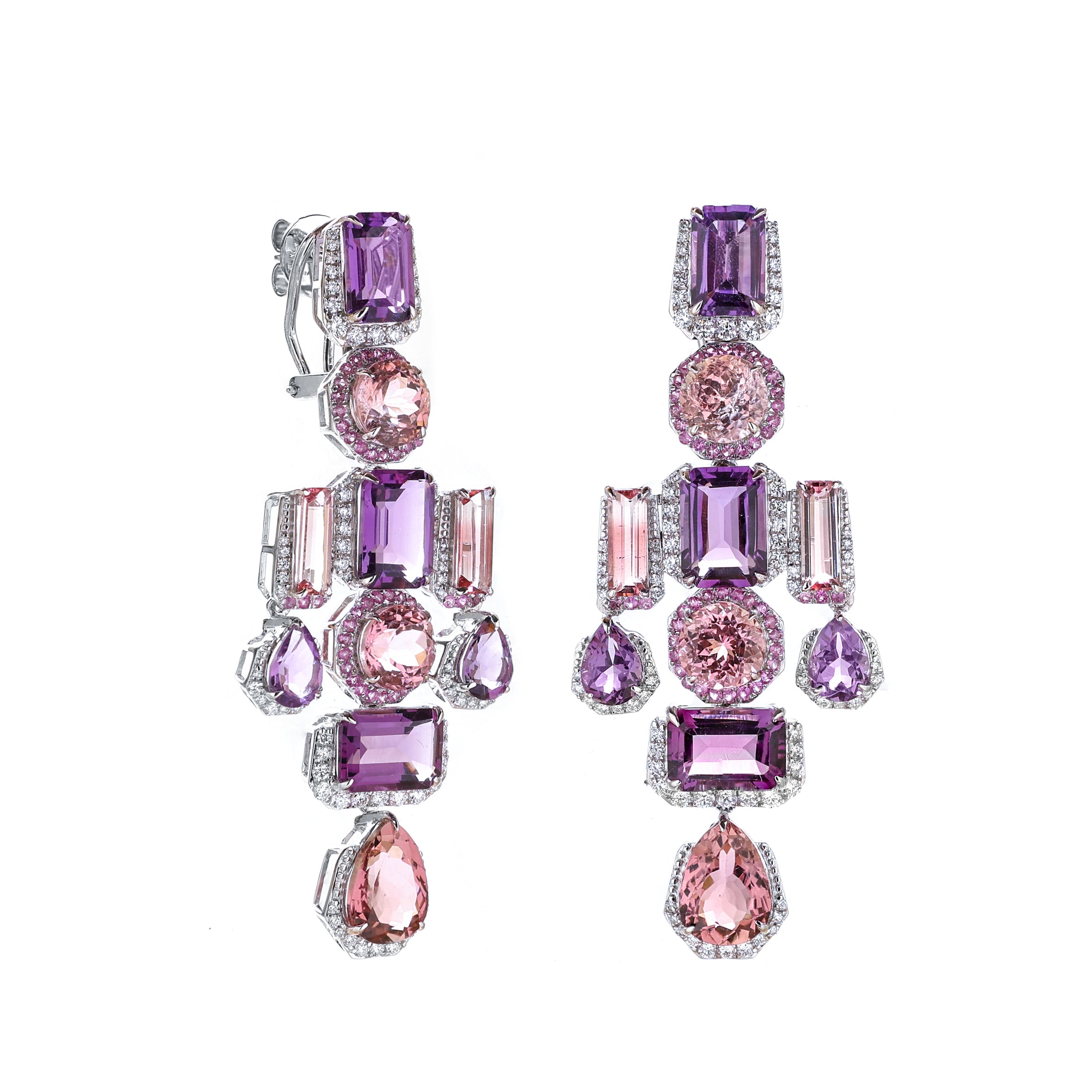 Natural Amethyst and Pink Sapphire 18K gold earrings top view - NFJSD-1771