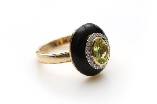 Natural Tourmaline Oval Cut and Black Onyx Oval Frame 14K gold ring front view - NFJSD-1202