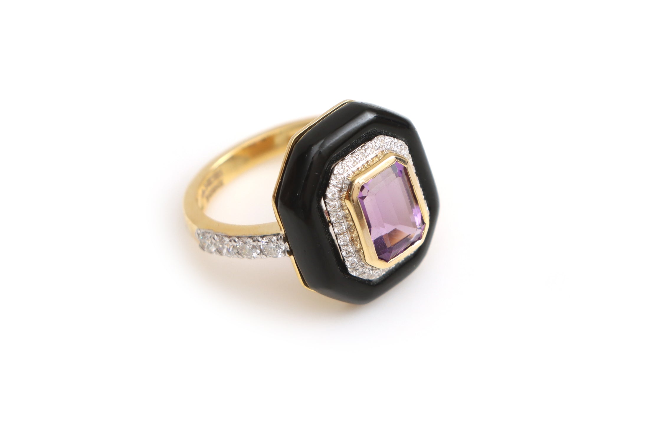 Natural Amethyst Octagon Cut and Black Onyx Frame 14K gold ring front view - NFJSD-1357