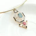 Load image into Gallery viewer, Natural Aquamarine Octagon Cut and Pink Tourmaline Pear Cut 14K gold pendant lifestyle shot - NFJSD-1206
