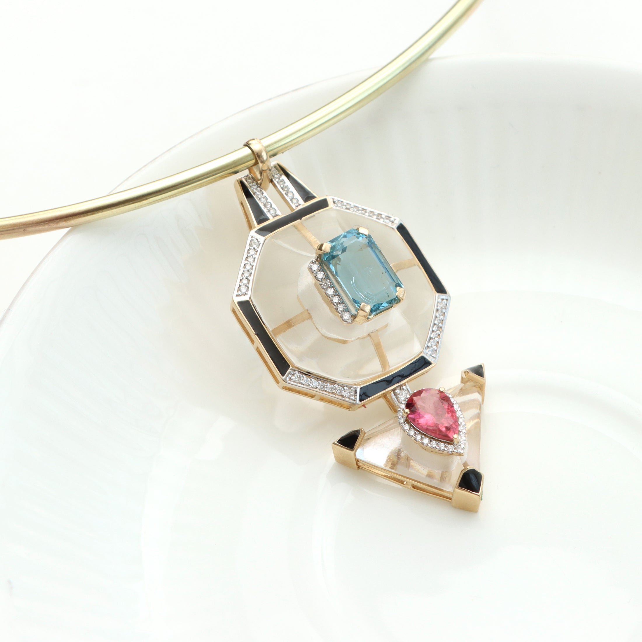Natural Aquamarine Octagon Cut and Pink Tourmaline Pear Cut 14K gold pendant lifestyle shot - NFJSD-1206