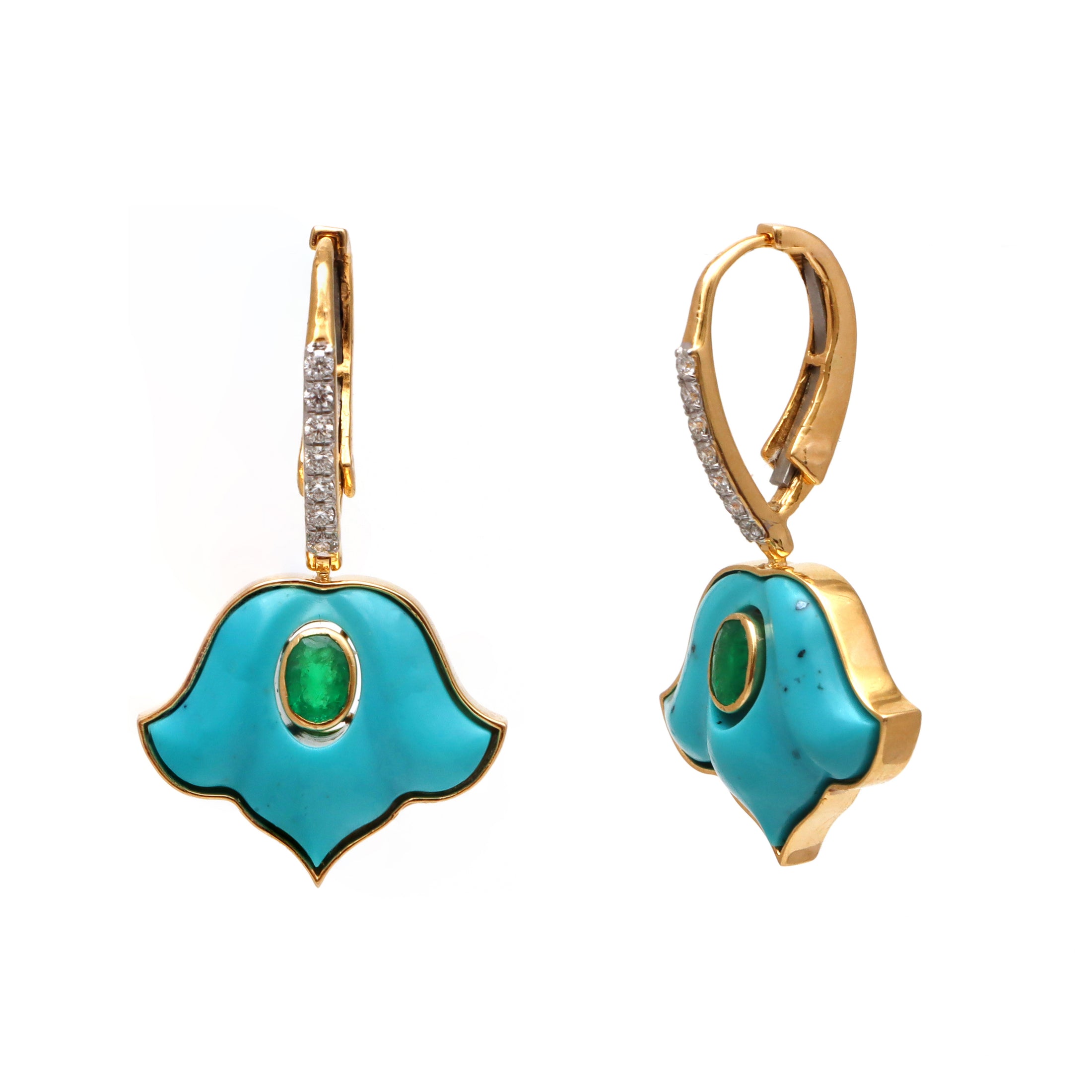 Natural Turquoise and Emerald 18K gold earrings close-up detail - NFJSD-1692