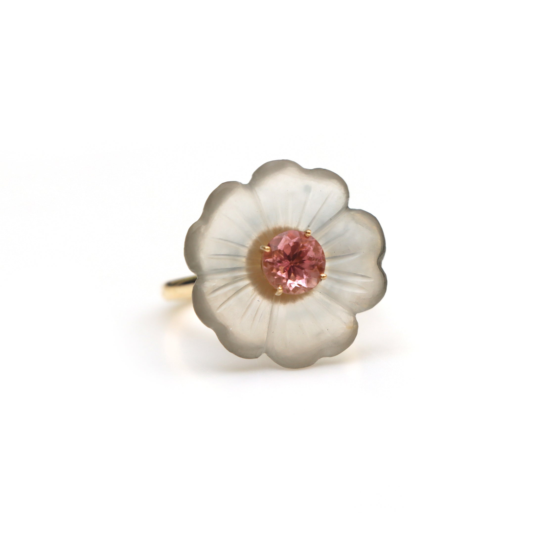 Natural Crystal Carving and Pink Tourmaline 14K gold ring front view - NFJSD-1556