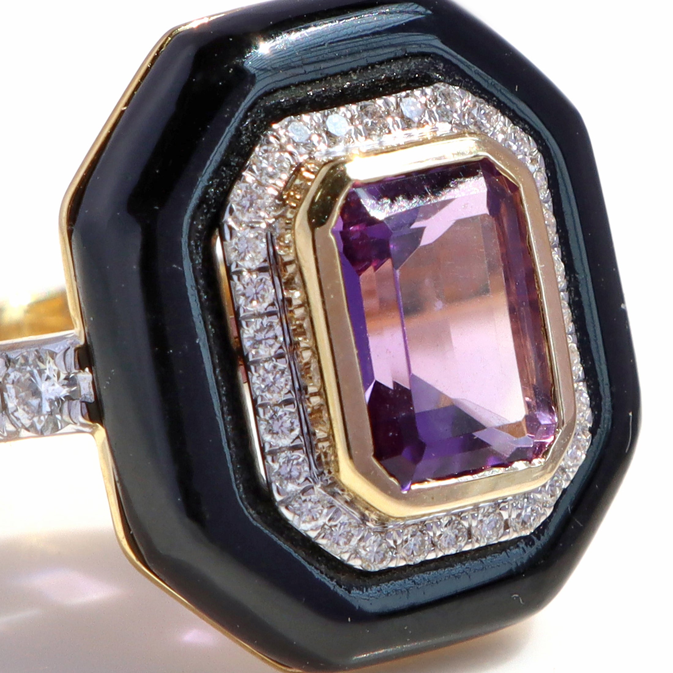 Natural Amethyst Octagon Cut and Black Onyx Frame 14K gold ring top view - NFJSD-1357