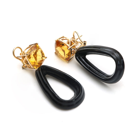 Natural Yellow Aqua Square Cut and Black Onyx Frames 14K gold earrings side angle - NFJSD-1024