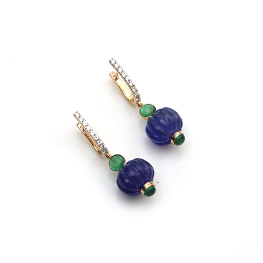 Natural Tanzanite and Emerald 18K gold earrings front view - NFJSD-1540