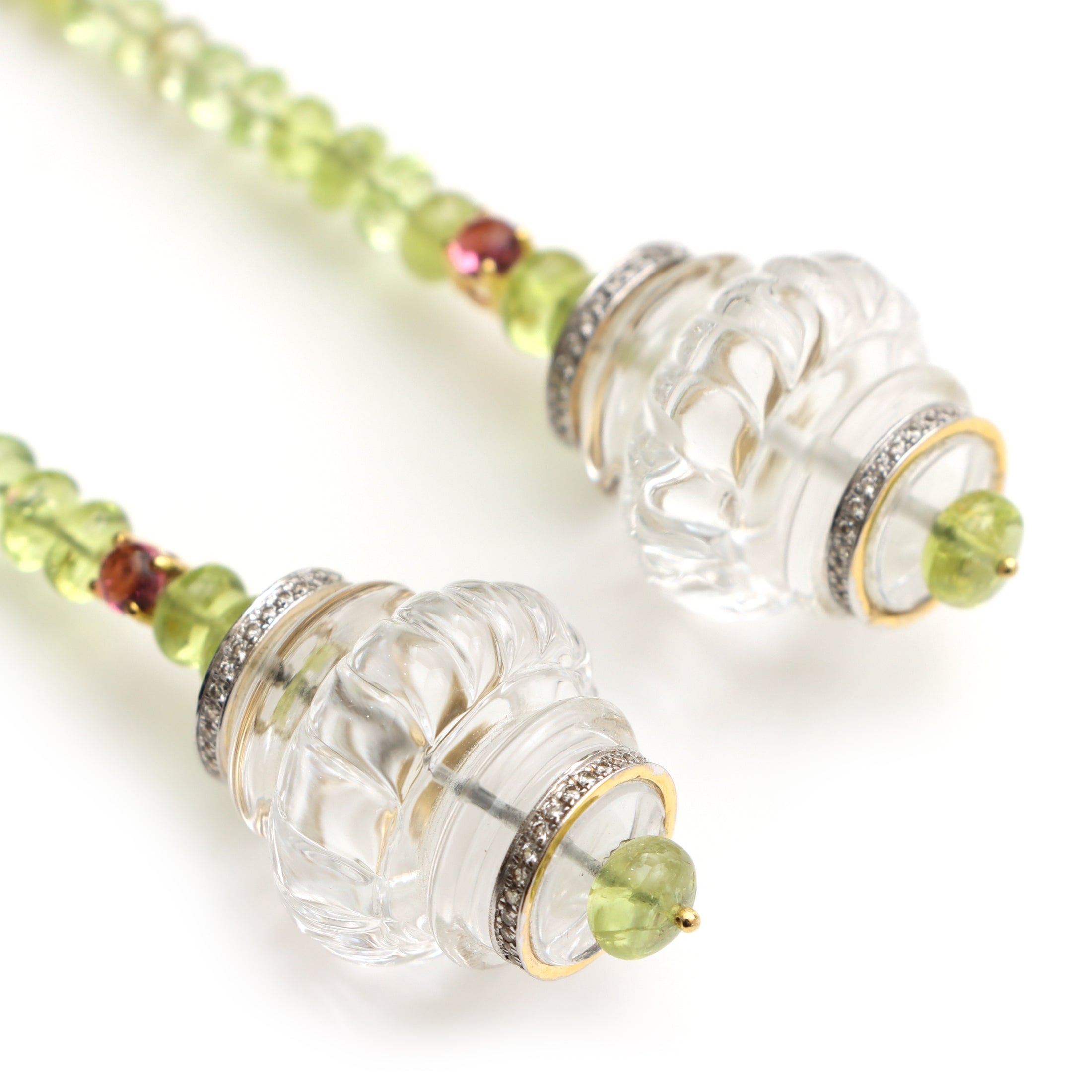 Natural Peridot Round Beads and Crystal Quartz Carving 14K gold earrings close-up detail - NFJSD-1242
