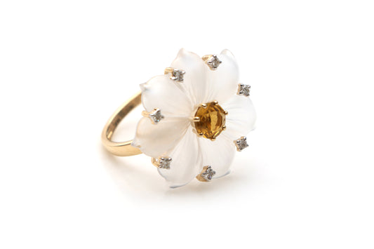 Natural Yellow Aquamarine Round Cut and Crystal Carving Flower 14K gold ring front view - NFJSD-1302