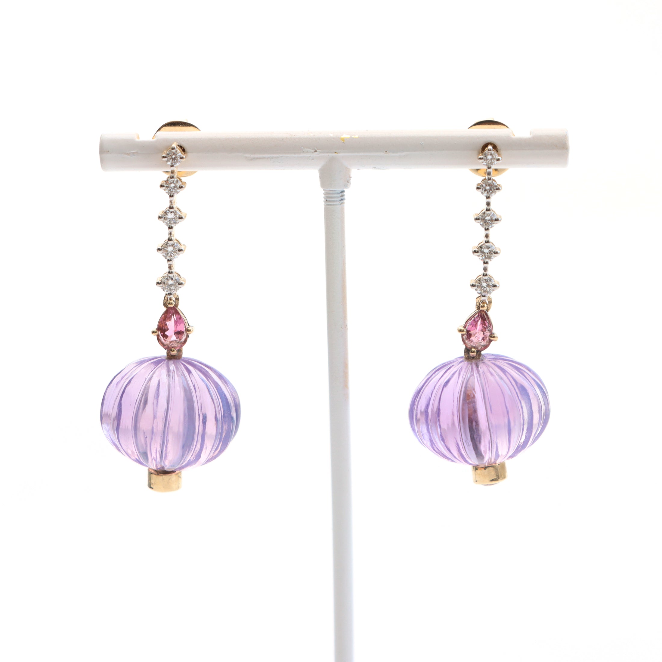 Natural Tourmaline Pear & Round Cut and Lavender carving Balls 14K gold earrings front view - NFJSD-1064