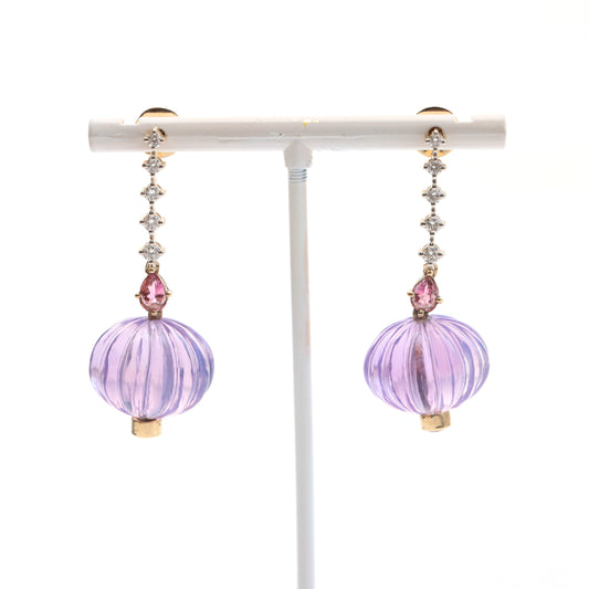 Natural Tourmaline Pear & Round Cut and Lavender carving Balls 14K gold earrings front view - NFJSD-1064