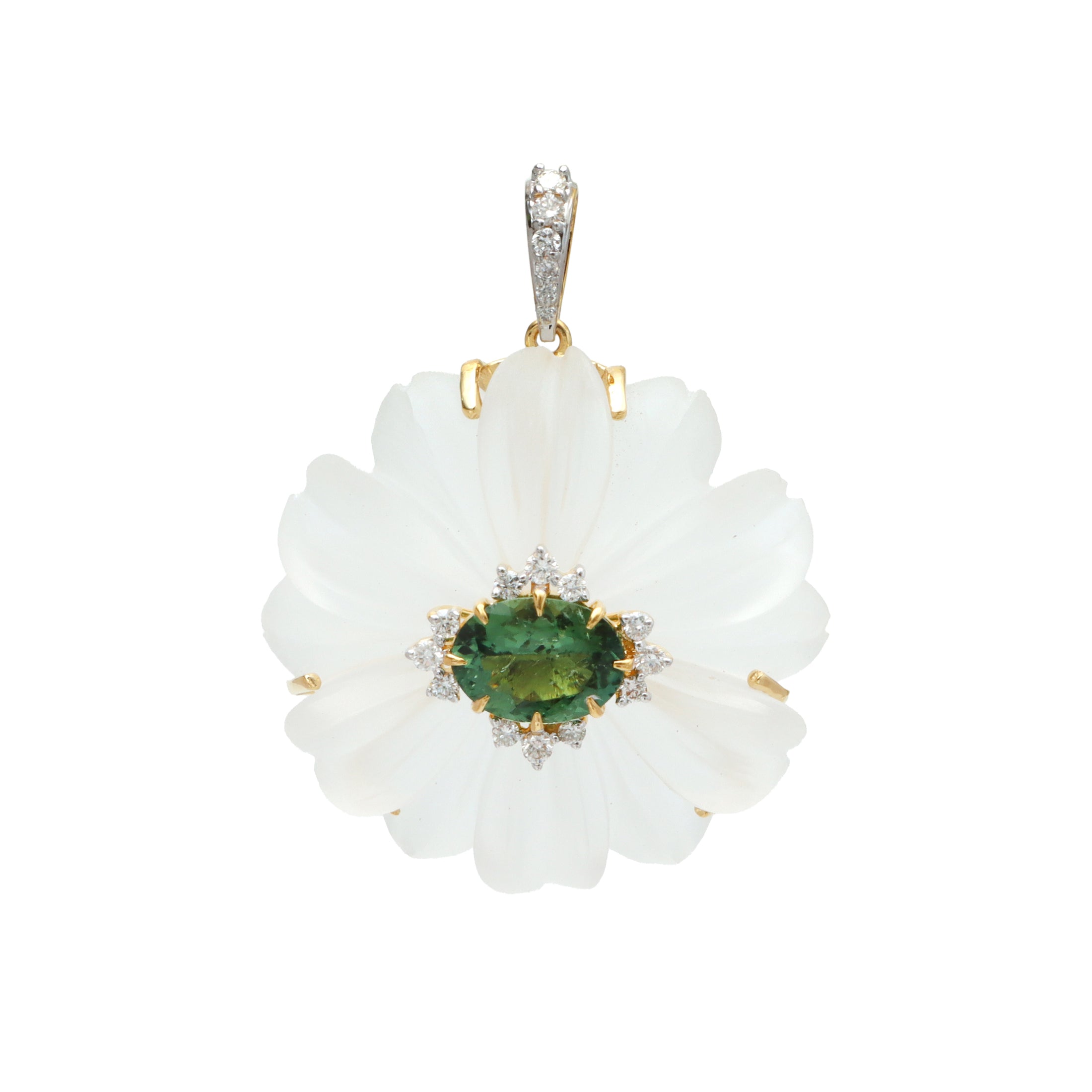 Natural Crystal Carving and Tourmaline 18K gold pendant side angle - NFJSD-1731