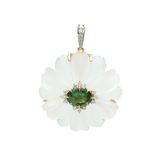 Natural Crystal Carving and Tourmaline 18K gold pendant side angle - NFJSD-1731
