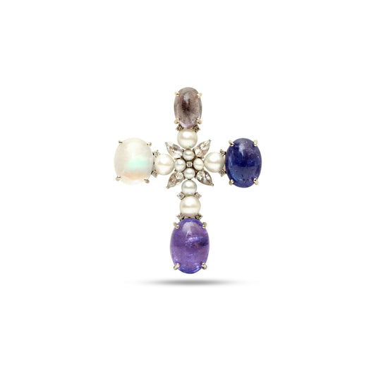 Natural Moonstone and Tanzanite 14K gold pendant front view - NFJSD-1866