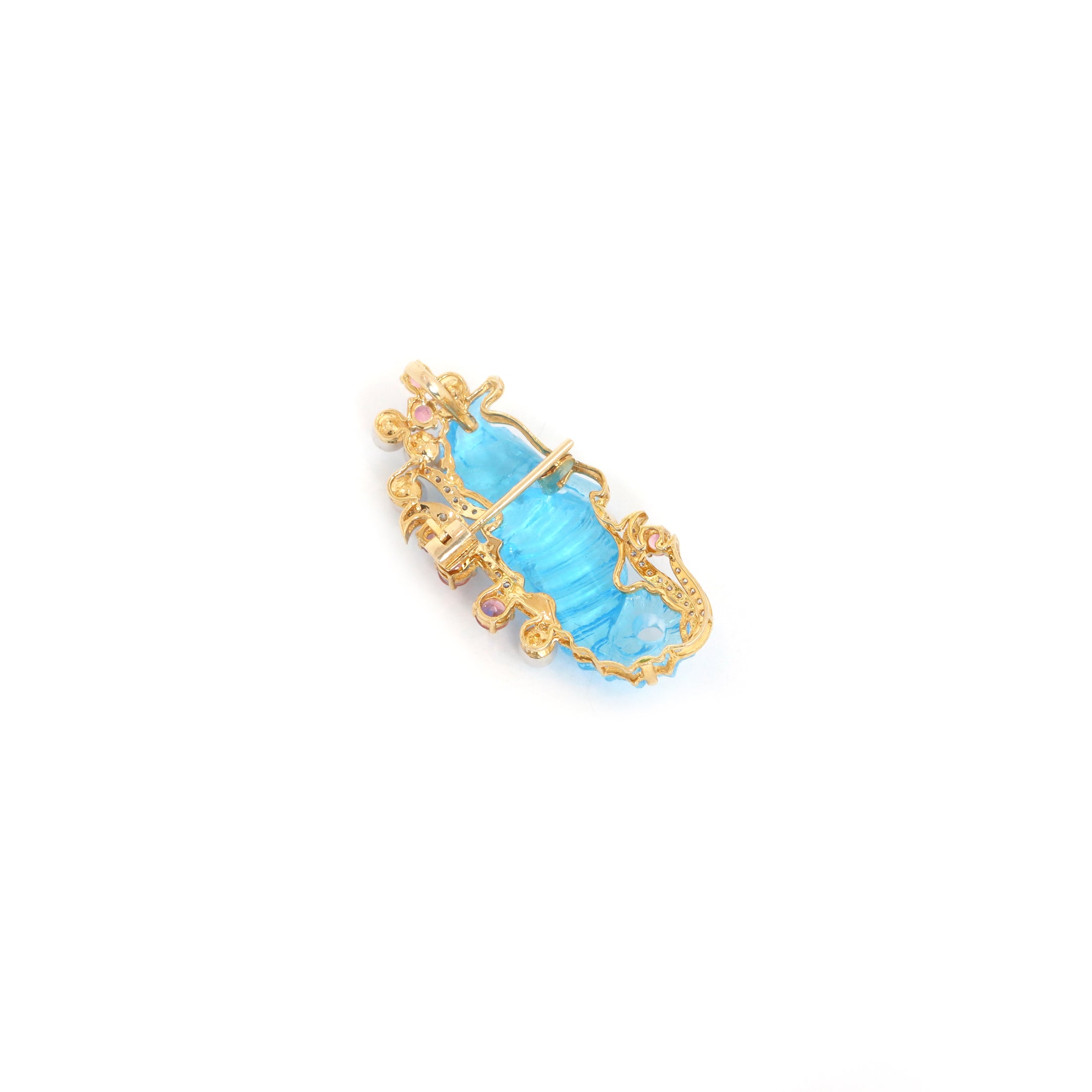 Natural Swiss Blue Topaz Carving Seahorse and Pearl Smooth Balls 14K gold brooch close-up detail - NFJSD-1181