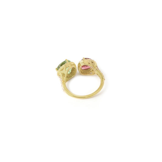 Natural Pink Tourmaline and Green Tourmaline 14K gold ring side angle - NFJSD-1983
